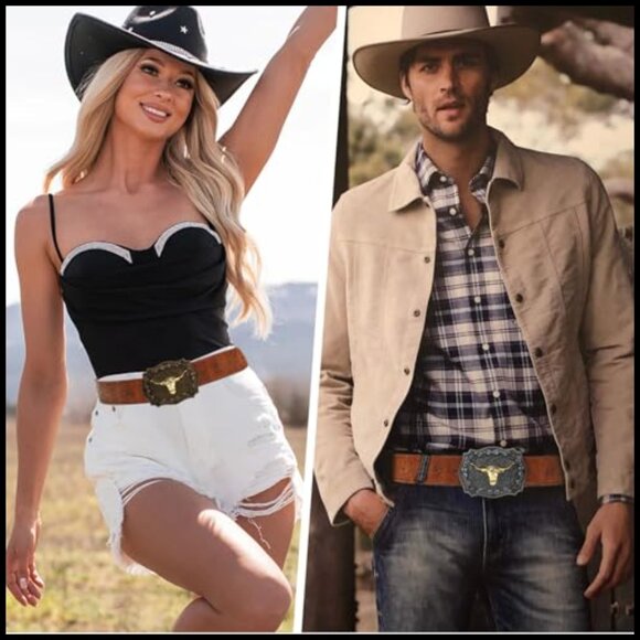 2-Pack Western Cowboy Belts PU Leather Gold Silver Buckle 28-41 Inch main image 6